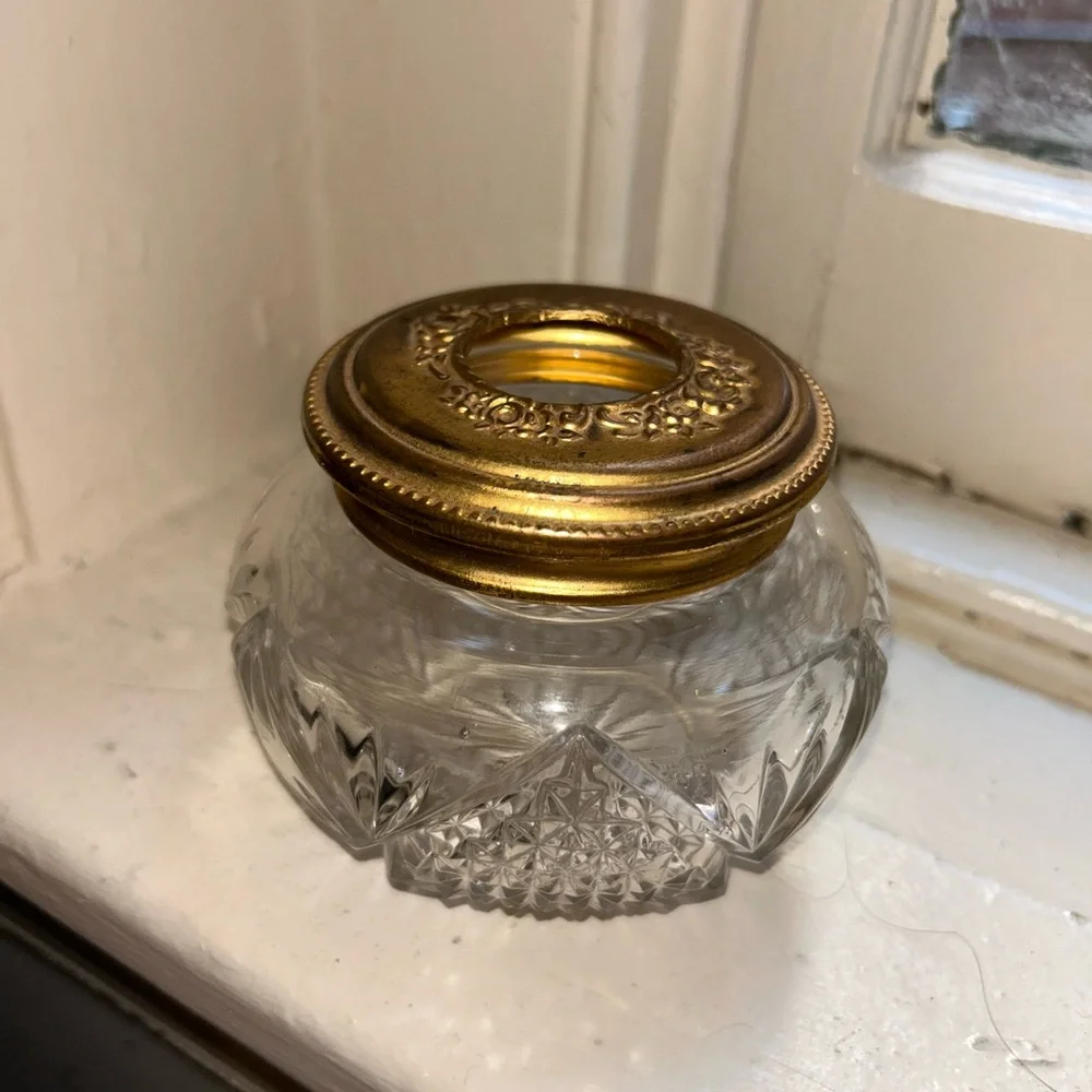 Victorian Art Nouveau Cut Glass Hair Receiver With Gold Lid